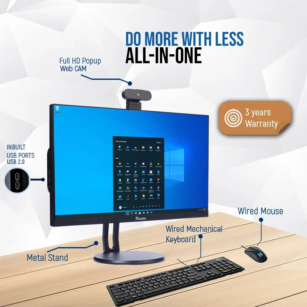 SSD 512 AIO Desktop of HASONS with Processor Gen i3 12100, Chipset Series Q670, windows 10 Pro, 512 SSD, DDR4-8GB, Wired Keyboard & Mouse, Black Screen 23.8